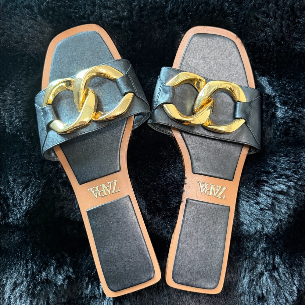 Zara Black Slide Mules with Gold Chain. Size 9
